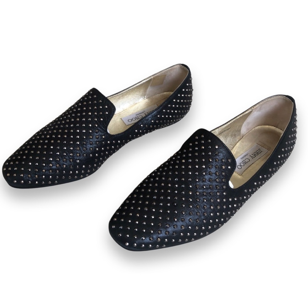 Jimmy Choo Wheel Studded Smoking Slipper Black Leather Size 39 1/2